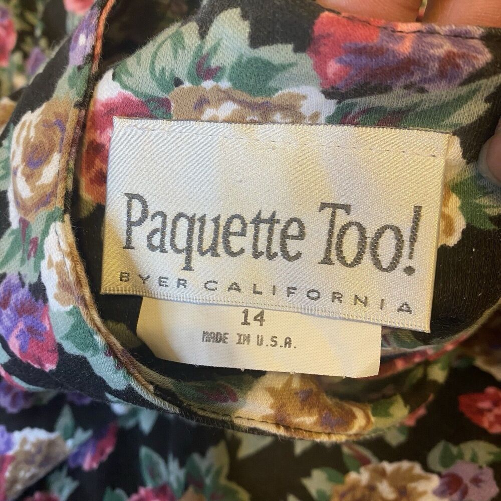 Vintage 80s Paquette Too! Red Black floral drop waist midi dress 14 Cottagecore - Picture 5 of 10